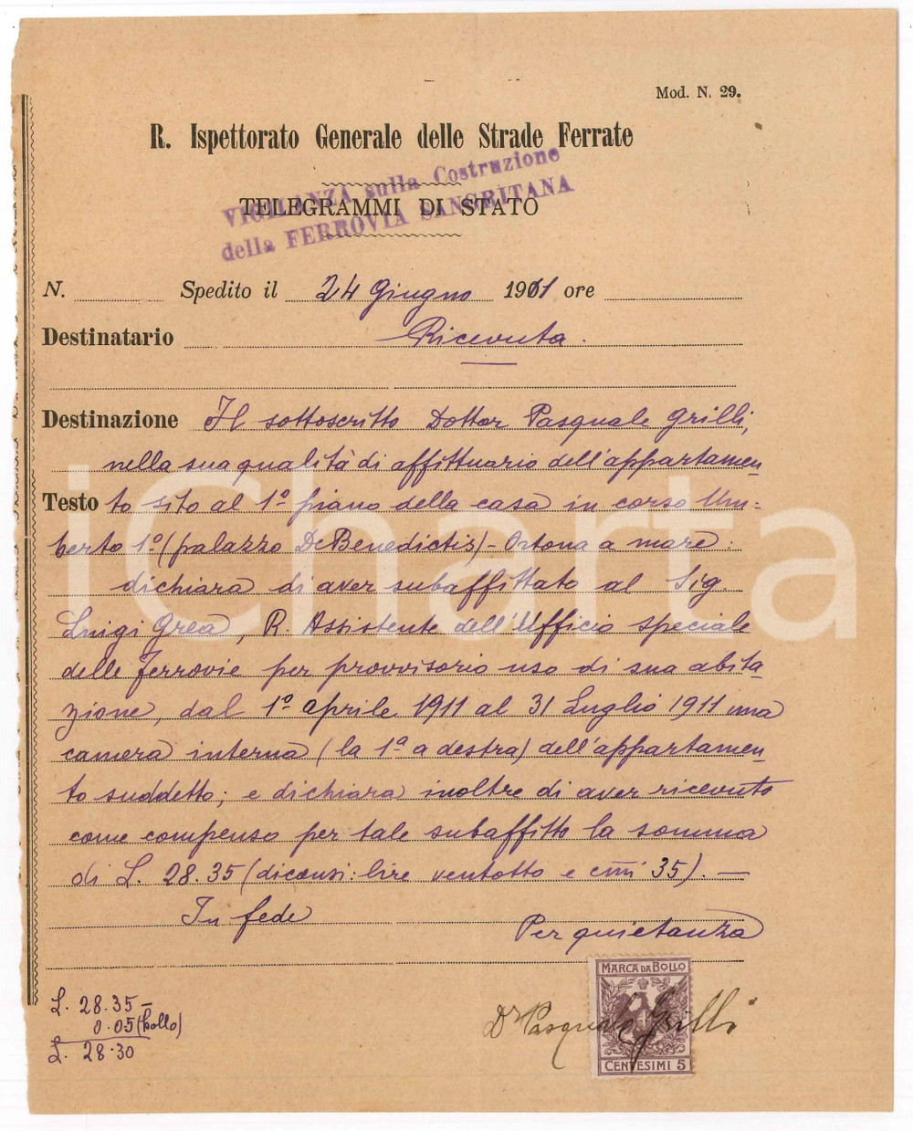 Documento originale, autentico 1911 ORTONA  FERROVIE  Pasquale GRILLI subaffitta camera Palazzo De Benedictis 1