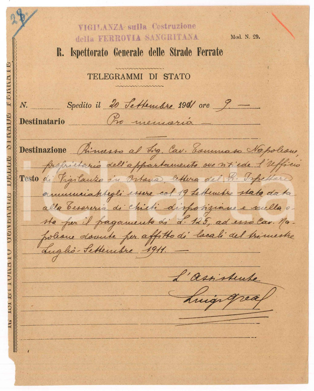 Documento originale, autentico 1911 ORTONA  FERROVIE  Documento assistente Luigi GREA per affitto di locali 1