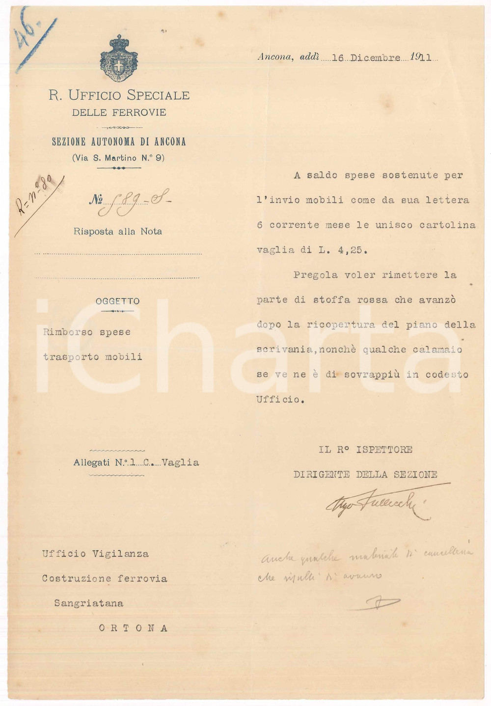 1911 FERROVIE ANCONA Lettera Ugo VALLECCHI su invio mobili ufficio vigilanza