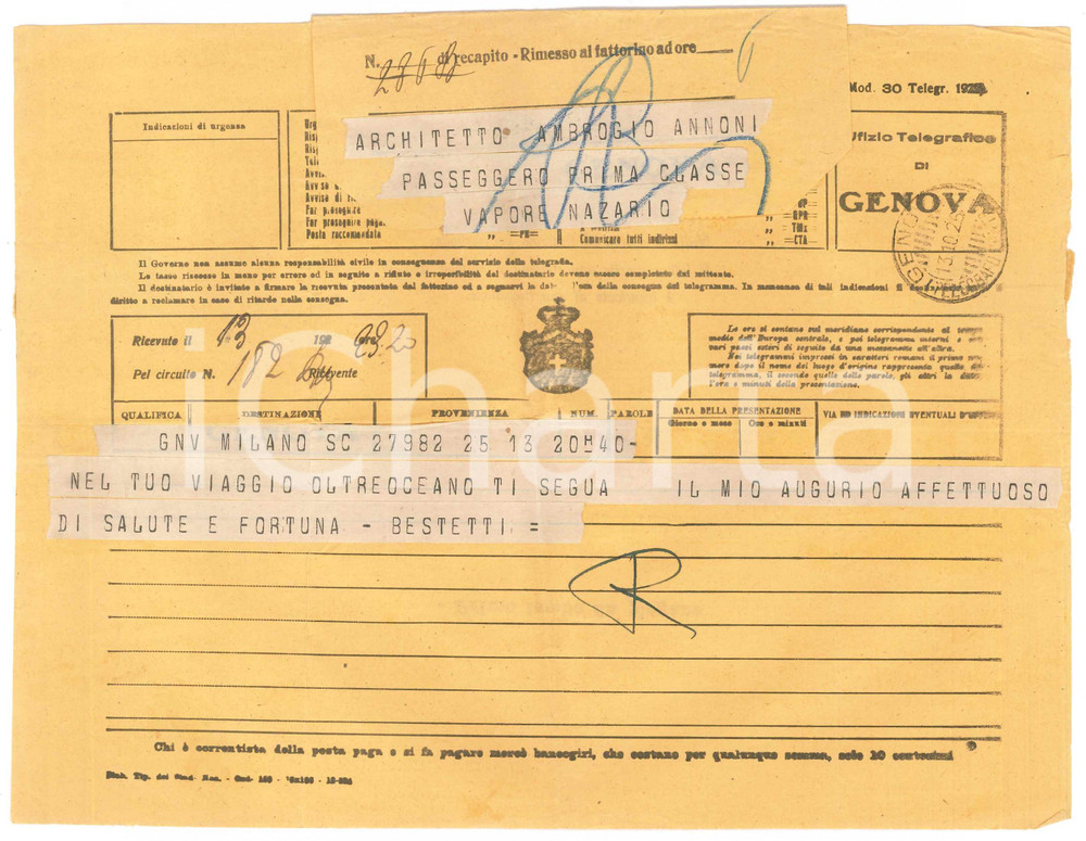 Documento originale, autentico 1926 MILANO Telegramma editore BESTETTI ad Ambrogio ANNONI in viaggio 1