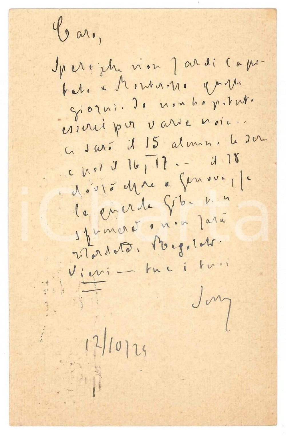 Autografo originale 1929 ROMA Padre Giovanni SEMERIA in partenza per Genova AUTOGRAFO 1