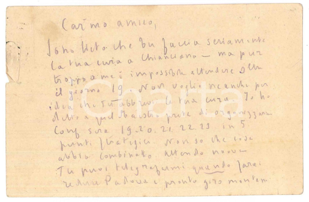 Autografo originale 1925 ca Padre Giovanni SEMERIA su organizzazione conferenze Cartolina AUTOGRAFA 1