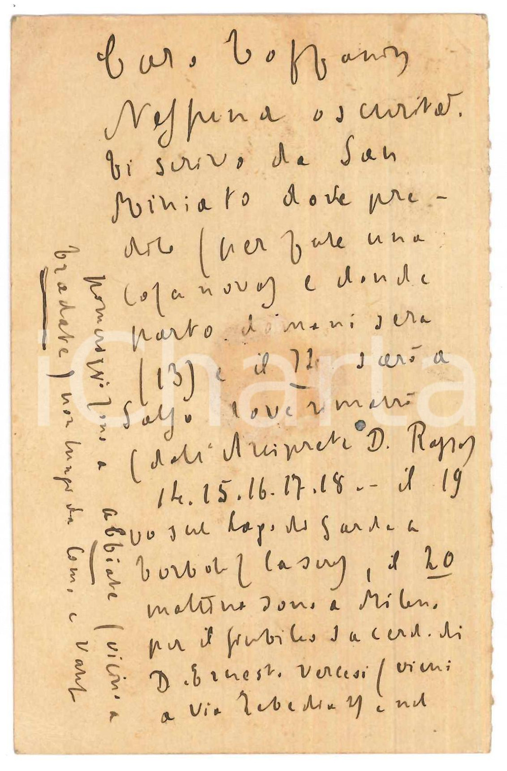 Autografo originale 1925 SAN MINIATO Padre Giovanni SEMERIA in viaggio per conferenze AUTOGRAFO 1