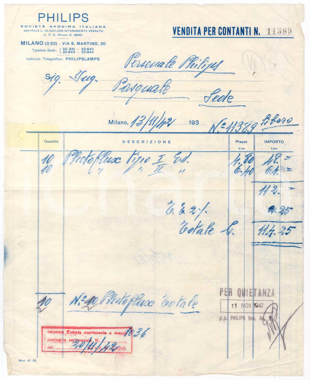 Documento originale, autentico 1942 MILANO Via S. Martino 20  PHILIPS  Fattura vendita lampade Photoflux 1