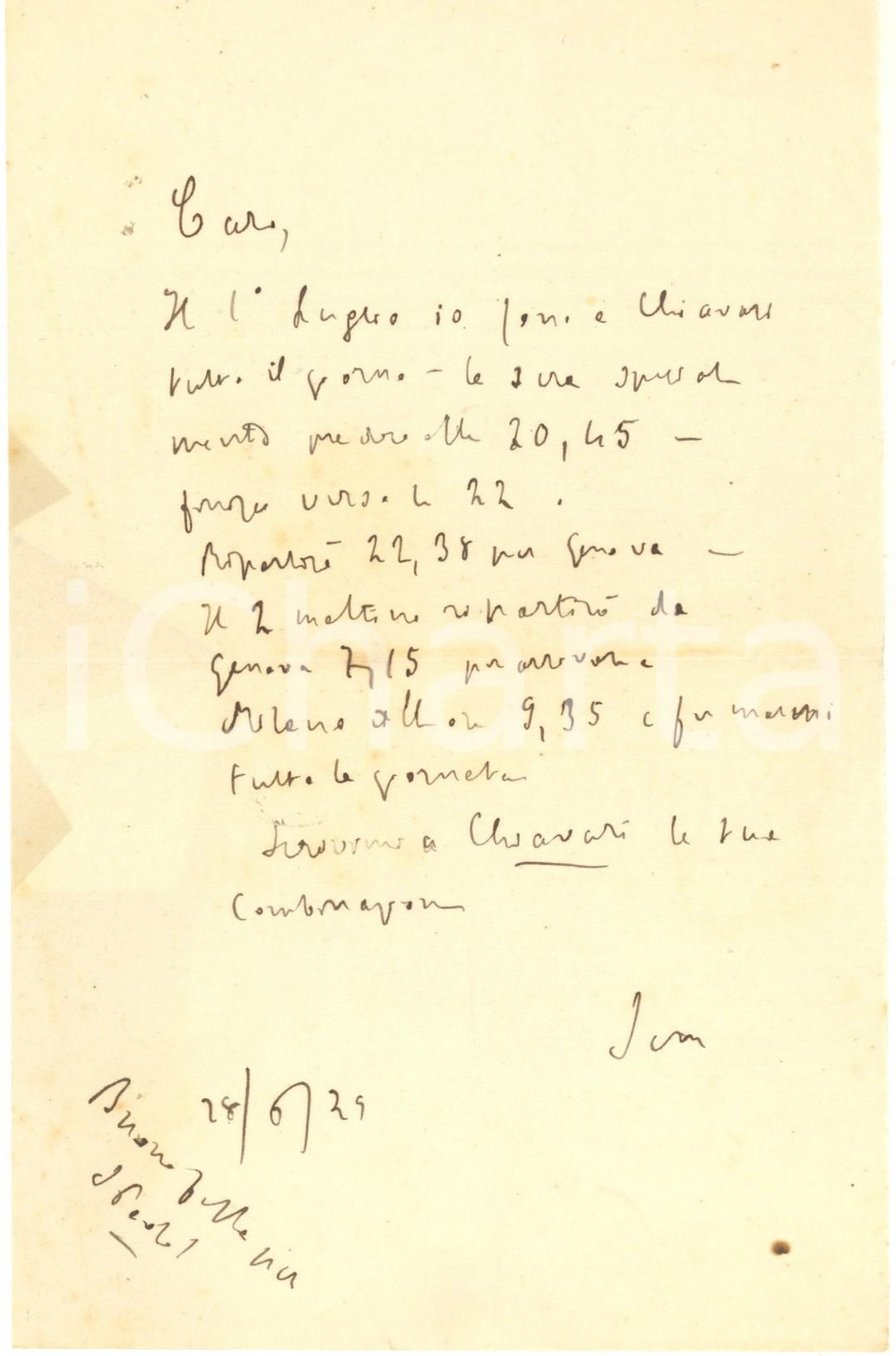 Autografo originale 1929 s.l. Lettera padre Giovanni SEMERIA  Calendario in Liguria AUTOGRAFO 1