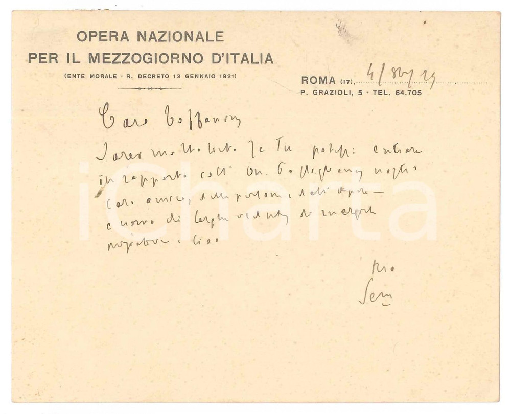 Autografo originale 1929 ROMA Padre Giovanni SEMERIA  Opera Nazionale Mezzogiorno AUTOGRAFO 1
