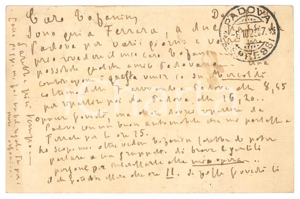 Autografo originale 1923 FERRARA Padre Giovanni SEMERIA  Visita a Padova Cartolina AUTOGRAFA 1