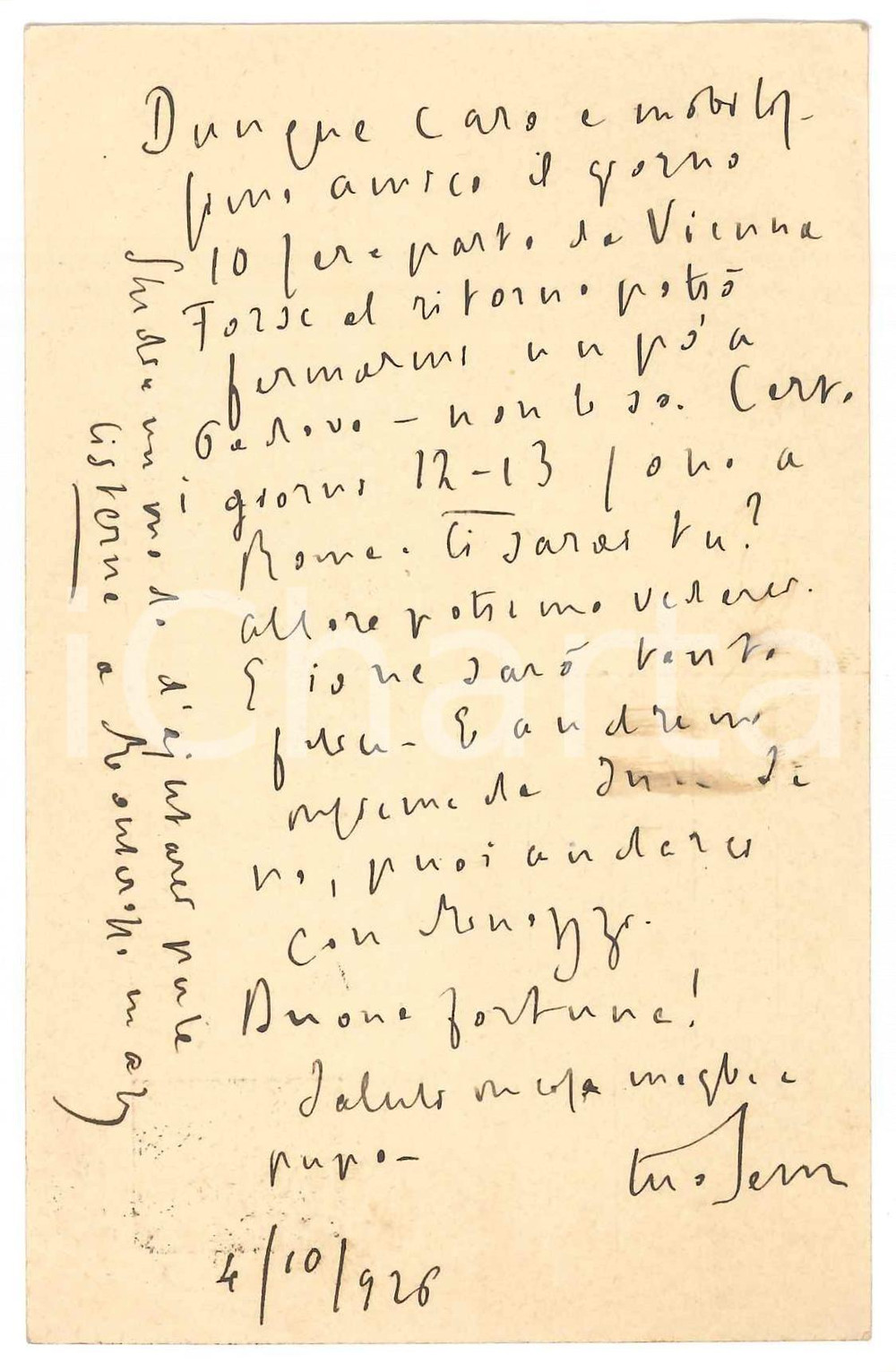 Autografo originale 1926 FIUME Padre Giovanni SEMERIA in partenza per Vienna  AUTOGRAFO 1