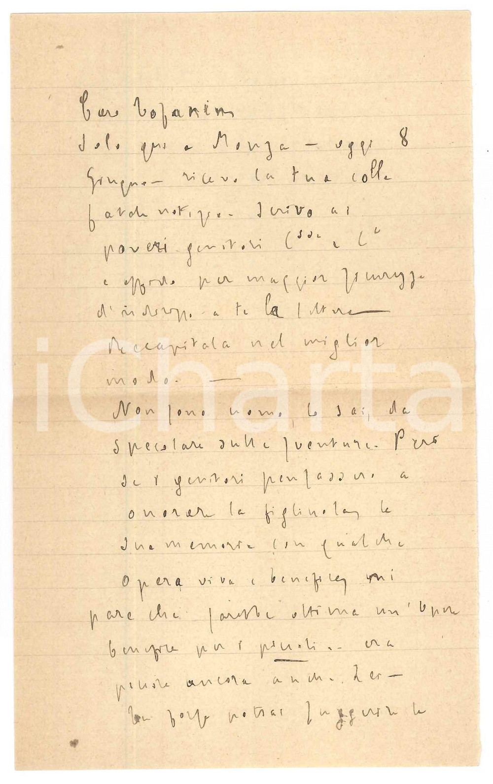 Autografo originale 1925 ca MONZA Lettera padre Giovanni SEMERIA  Lutto per una giovane  AUTOGRAFO 1