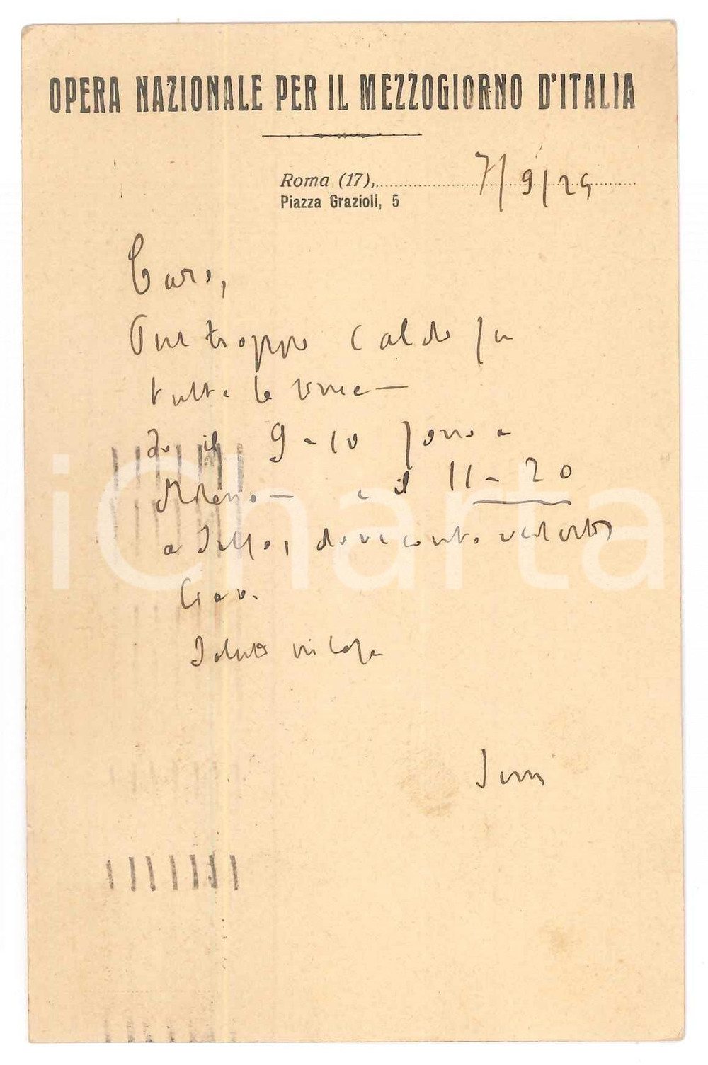 Autografo originale 1929 ROMA Opera Nazionale Mezzogiorno   Padre Giovanni SEMERIA AUTOGRAFO 1