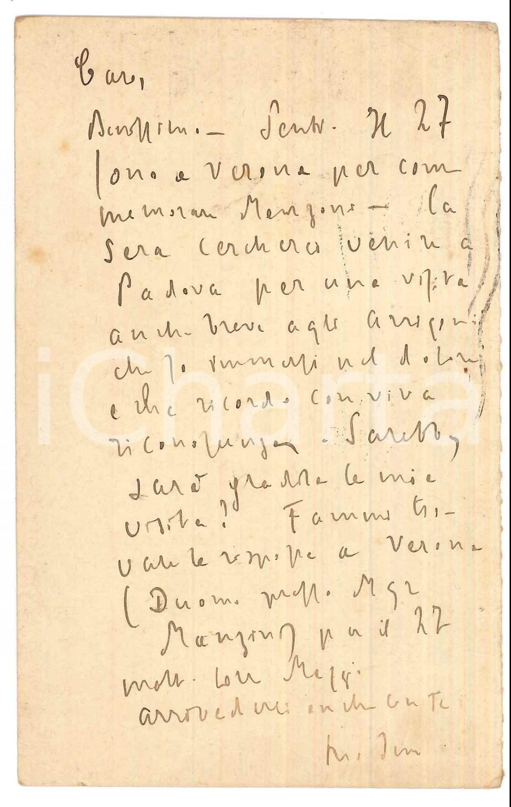 Autografo originale 1923 ROMA Padre Giovanni SEMERIA per visita a Padova Cartolina AUTOGRAFA 1