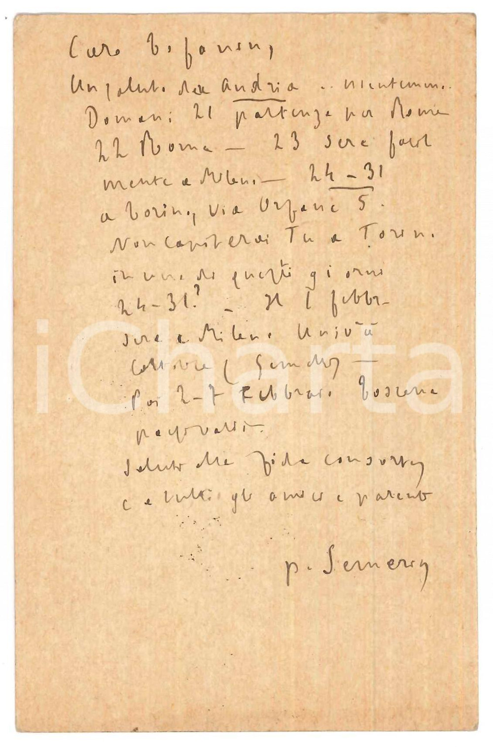 Autografo originale 1926 ANDRIA Padre Giovanni SEMERIA  Conferenze a Roma e Torino  AUTOGRAFO 1