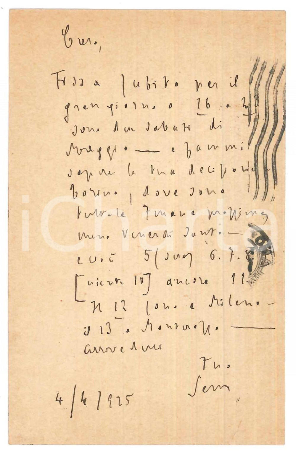 Autografo originale 1925 MILANO Padre Giovanni SEMERIA  Calendario spostamenti Cartolina AUTOGRAFA 1