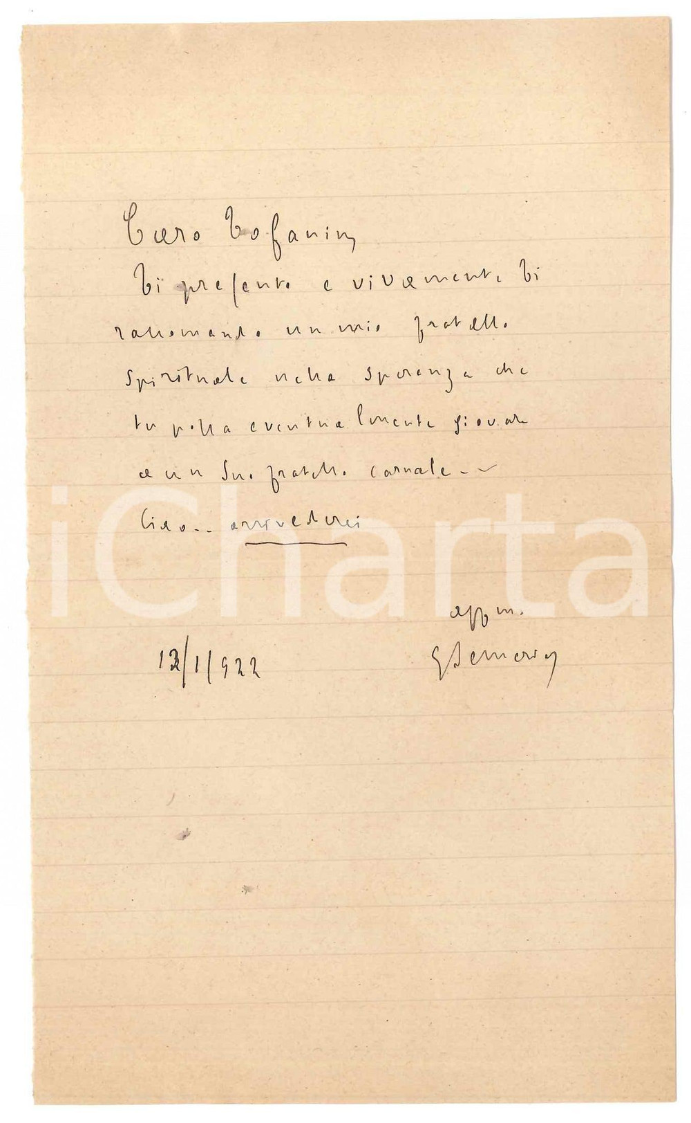 Autografo originale 1922 s. l. Lettera padre Giovanni SEMERIA pro fratello spirituale AUTOGRAFO 1