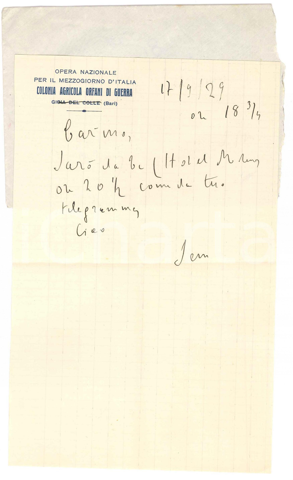 Autografo originale 1929 GIOIA DEL COLLE  Padre Giovanni SEMERIA  Orfani di Guerra AUTOGRAFO 1