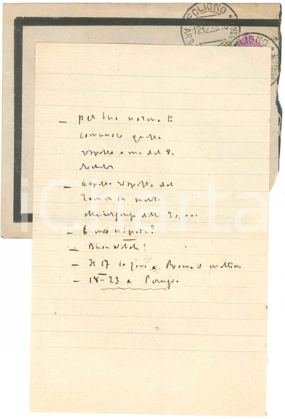 Autografo originale 1923 FOLIGNO Padre Giovanni SEMERIA  Prossimi viaggi AUTOGRAFO 1