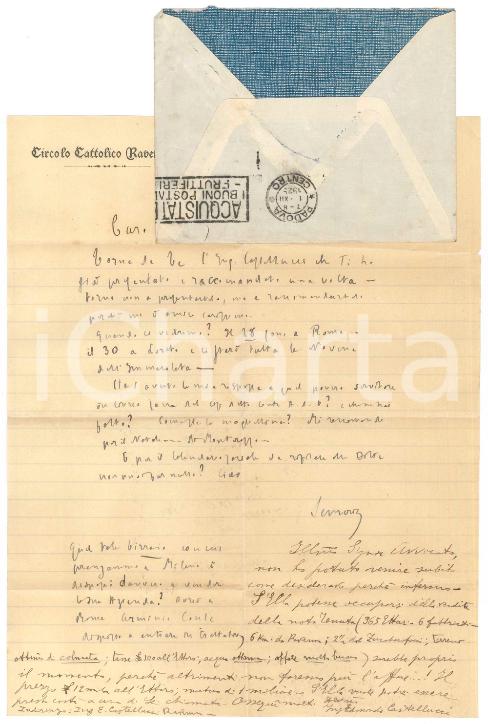 Autografo originale 1925 RAVENNA Padre Giovanni SEMERIA  Circolo Cattolico Ravennate  AUTOGRAFO 1