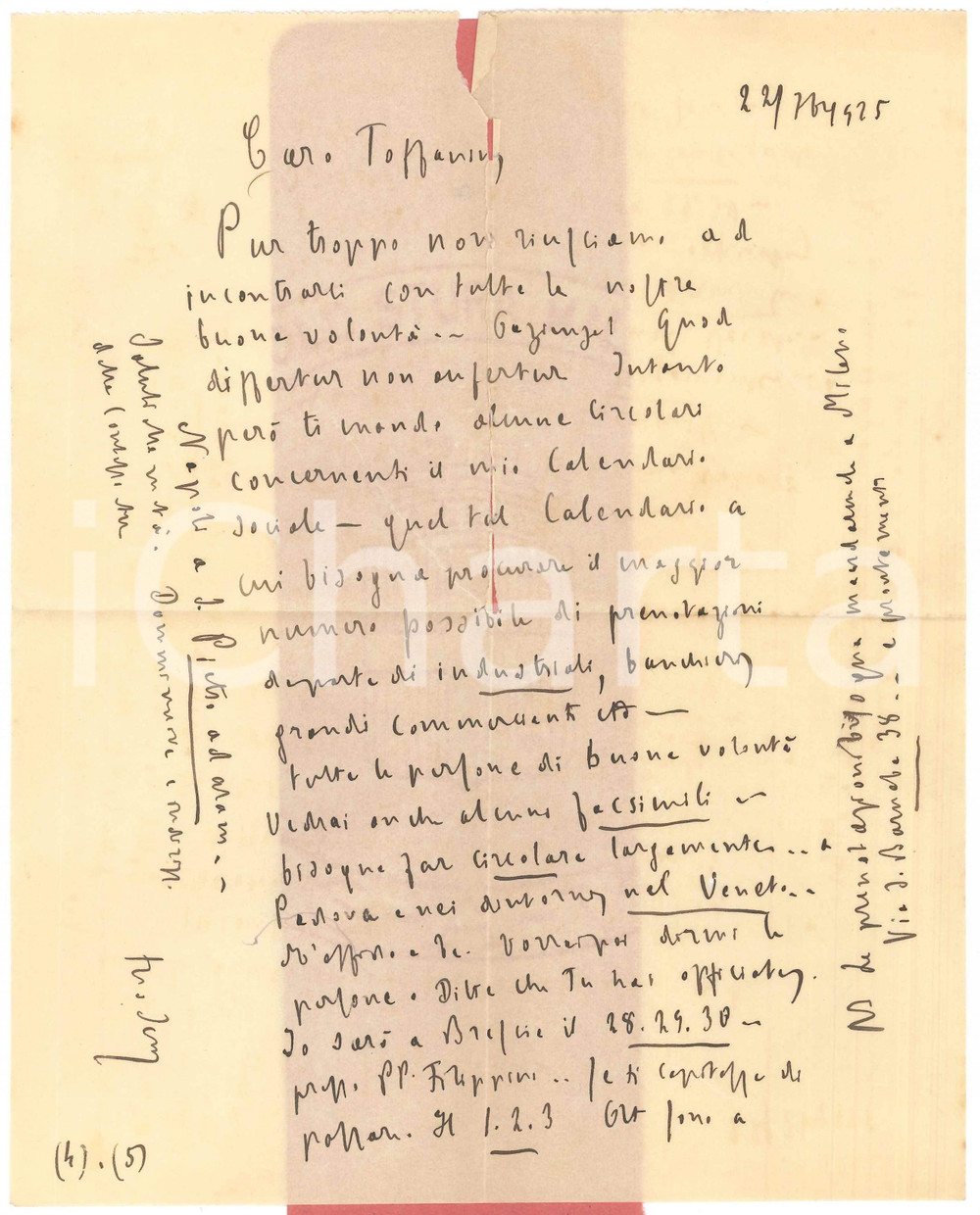 Autografo originale 1925 s. l.  Lettera padre Giovanni SEMERIA in cerca di donatori  AUTOGRAFO 1