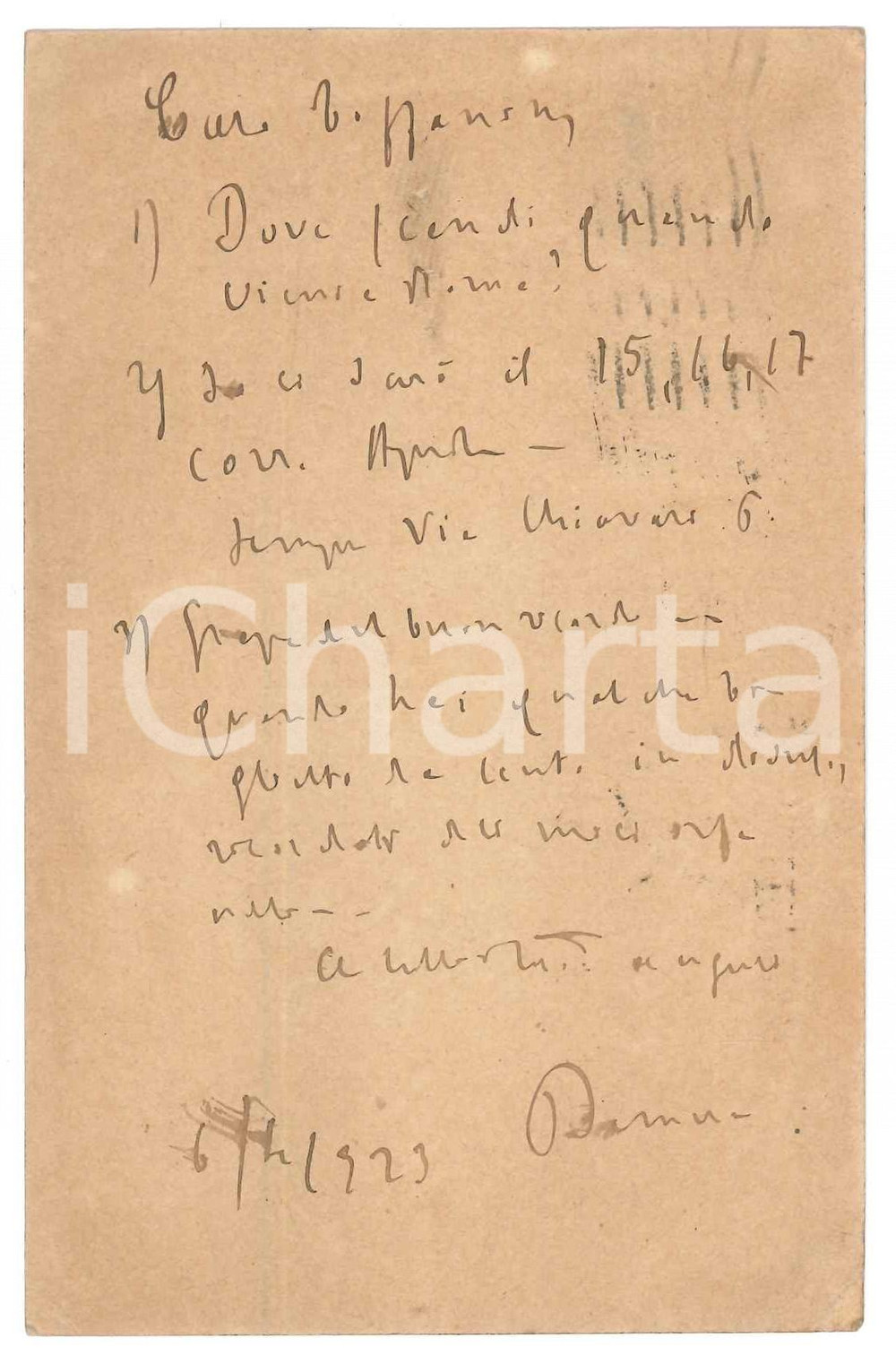 1923 ROMA Padre Giovanni SEMERIA - Cartolina ringraziamento - AUTOGRAFO