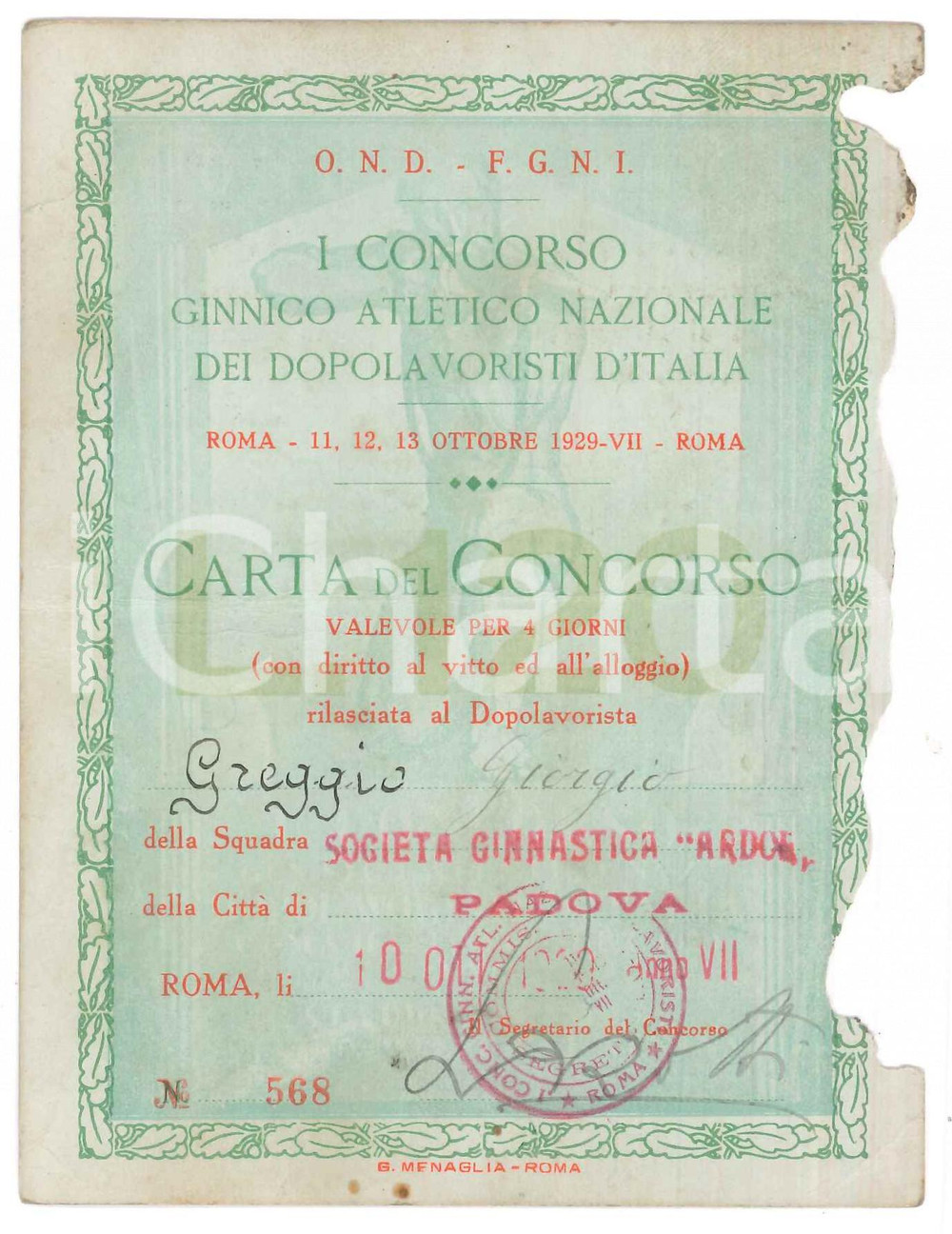 Oggetto da collezione cartaceo 1929 PADOVA Ginnastica ARDOR Tessera di Giorgio GREGGIO per concorso ginnico OND 1