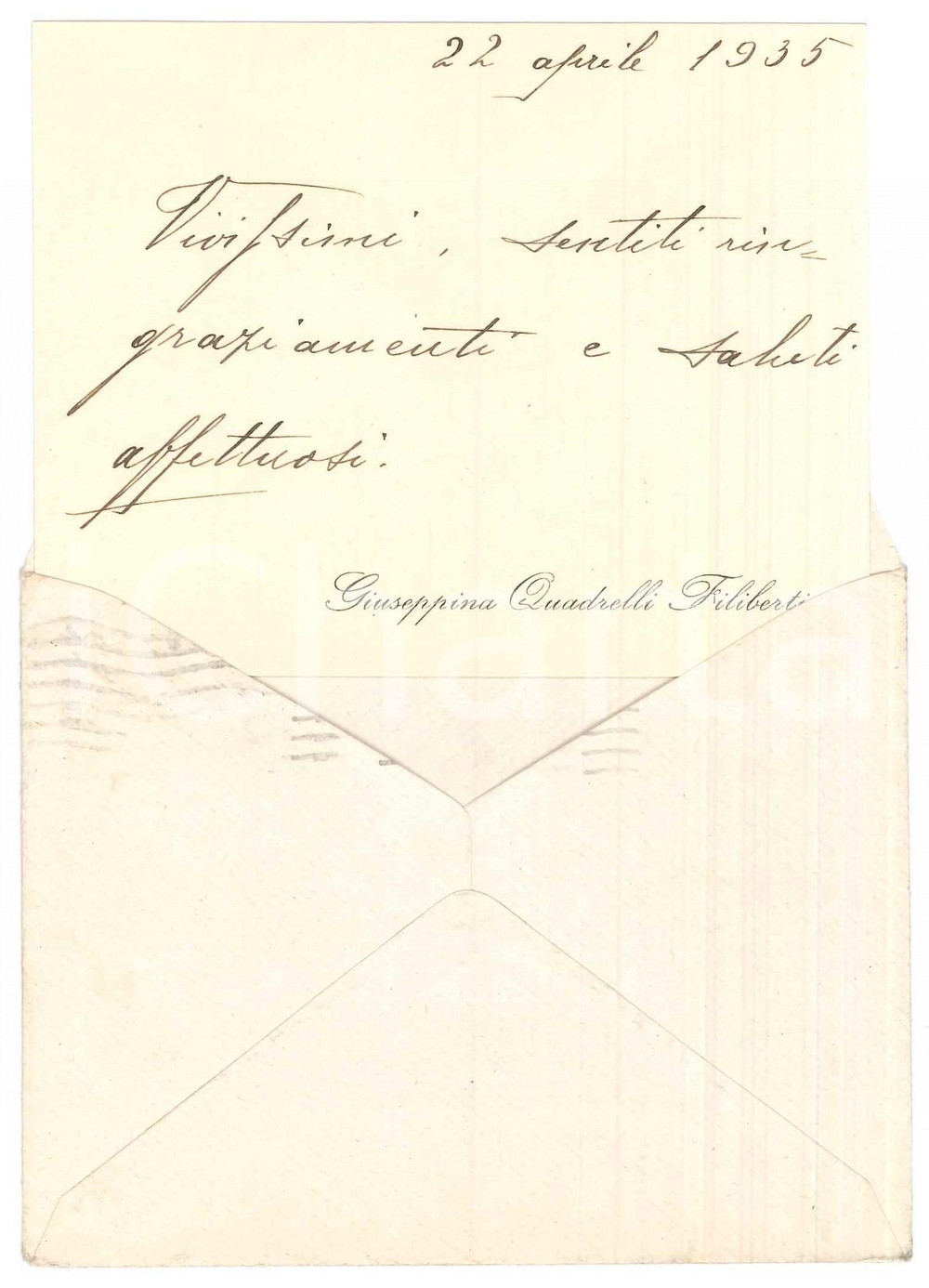Oggetto da collezione cartaceo 1935 MILANO Giuseppina QUADRELLI FILIBERTI  Biglietto ringraziamento 1