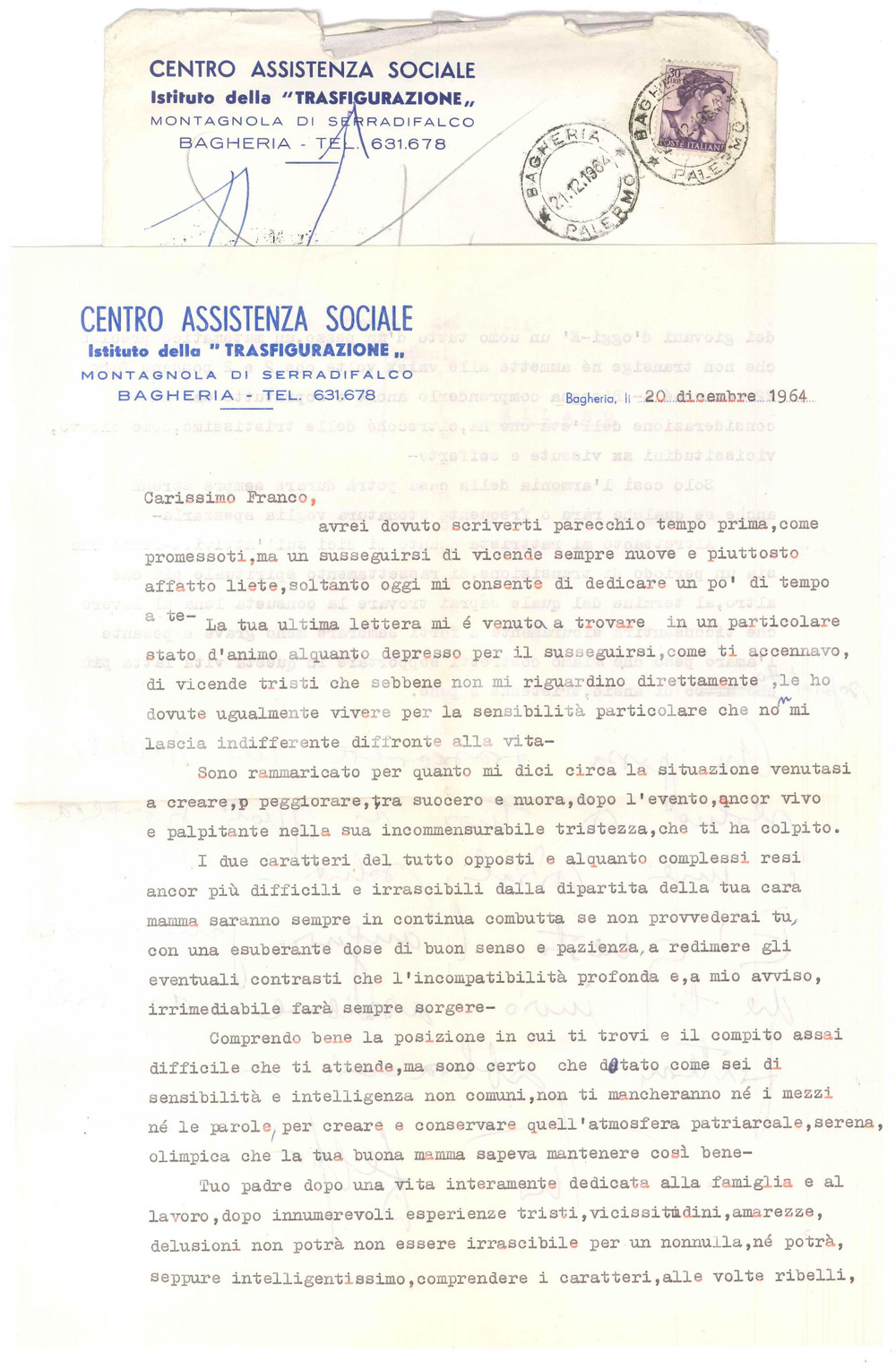 Manoscritto, lettera originale 1964 BAGHERIA PA Istituto della Trasfigurazione  Centro Assistenza Lettera 1