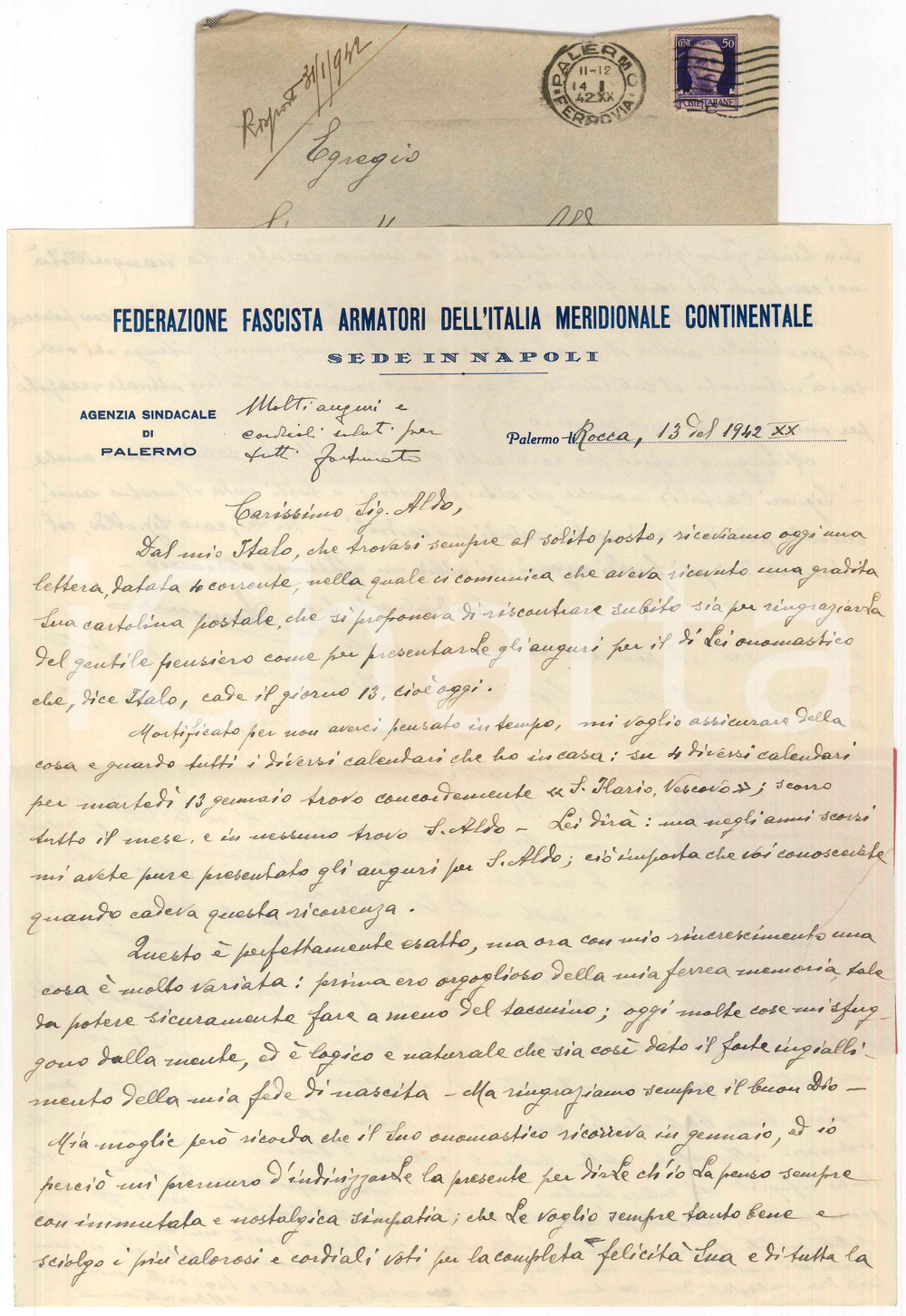Documento originale, autentico 1942 PALERMO Federazione Fascista Armatori Italia Meridionale Lettera 1