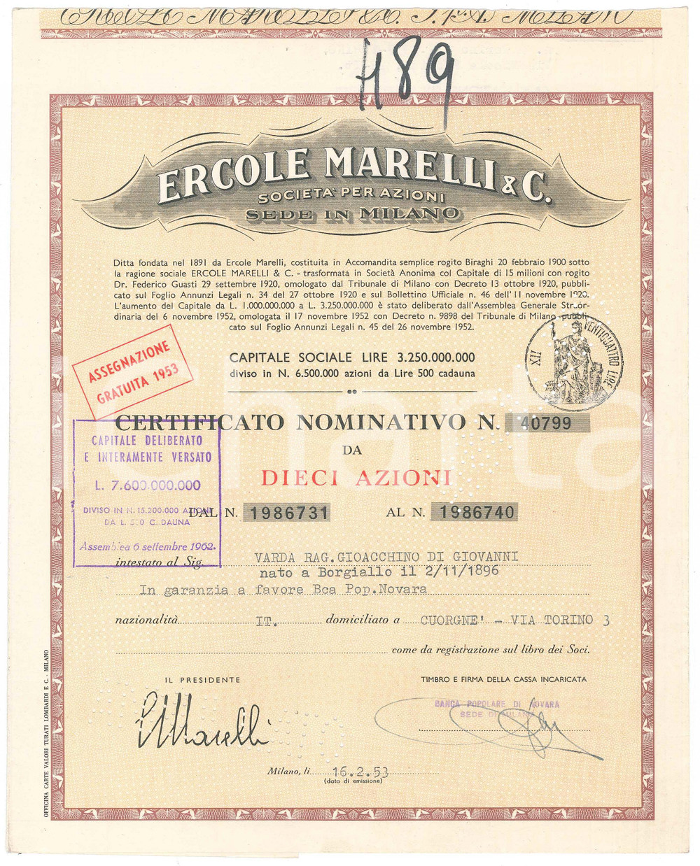Oggetto da collezione cartaceo 1953 MILANO Ercole MARELLI & C.  Certificato azionario da dieci azioni 1