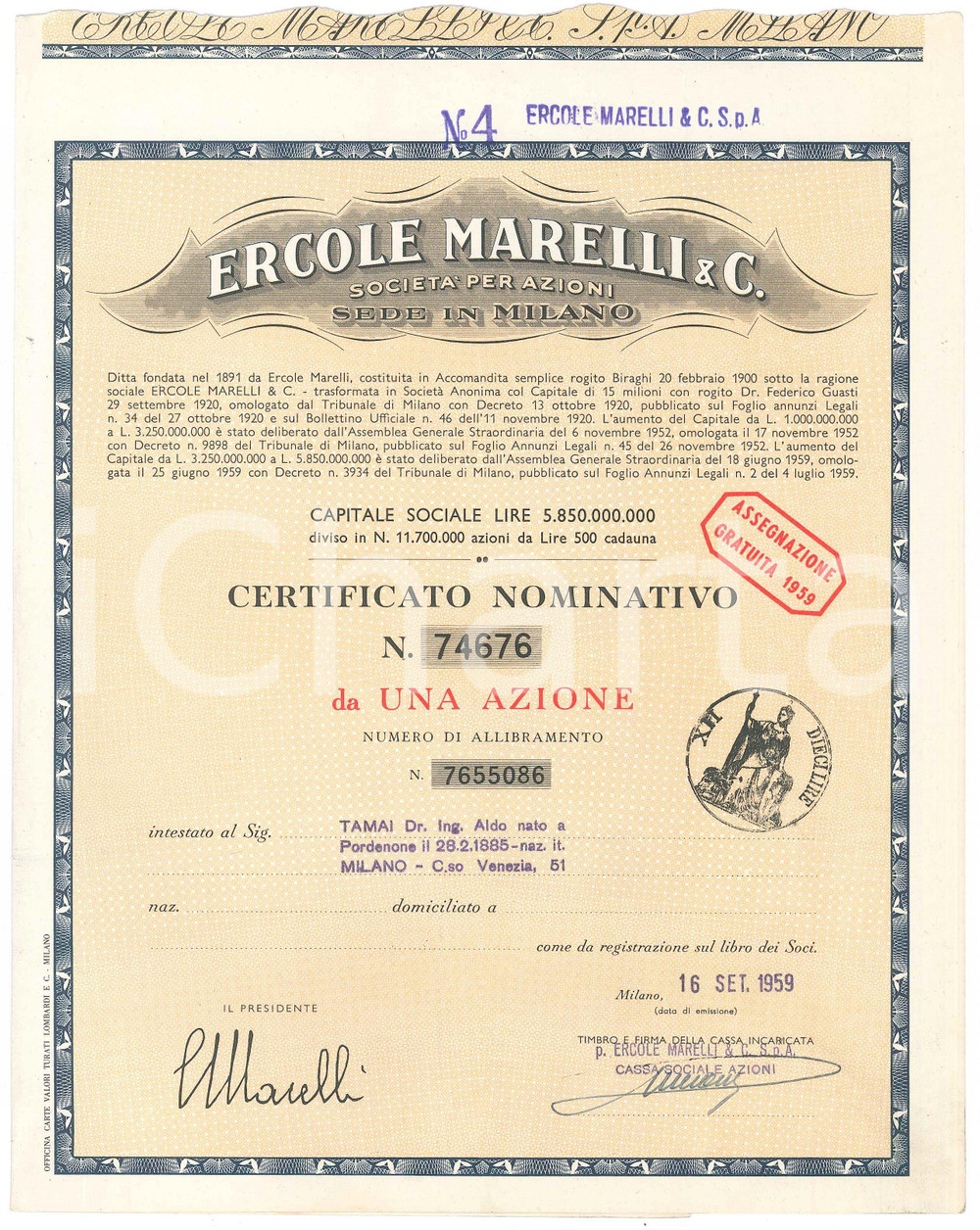 Oggetto da collezione cartaceo 1959 MILANO Ercole MARELLI & C.  Certificato azionario da una azione 1