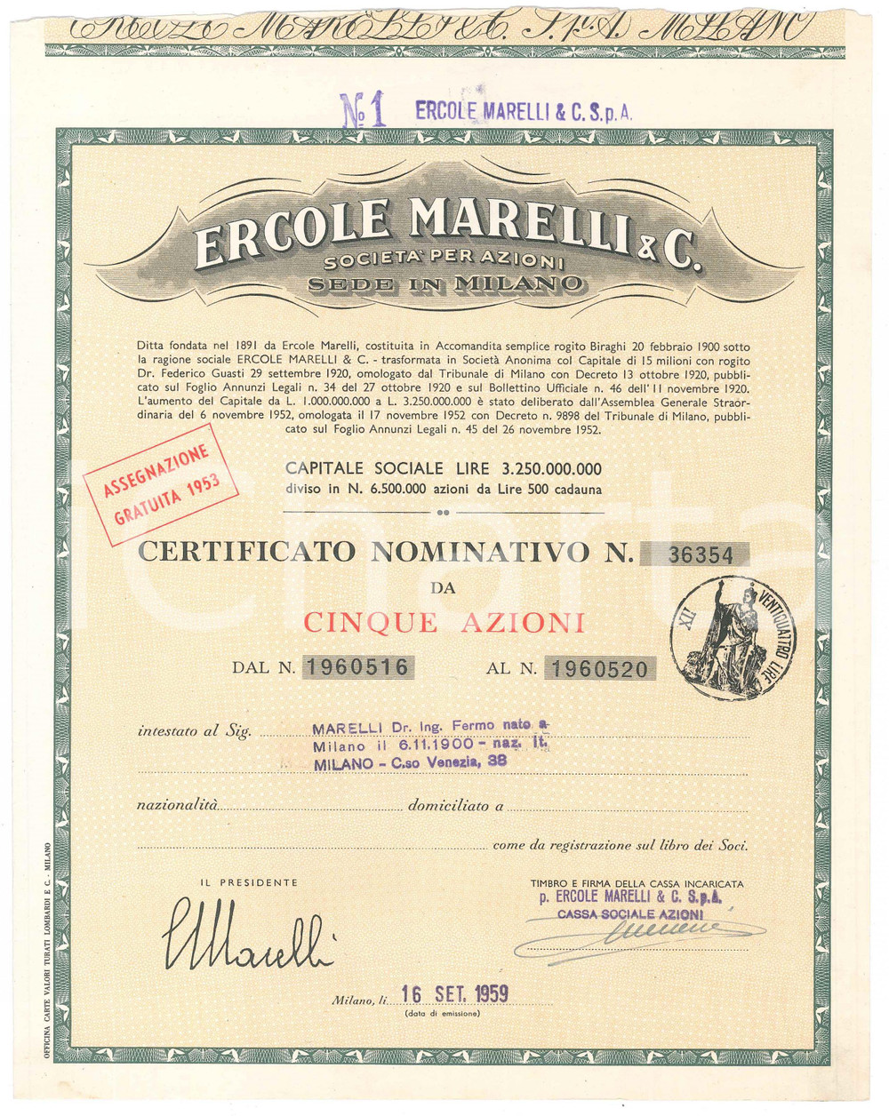 Oggetto da collezione cartaceo 1959 MILANO Ercole MARELLI & C.  Certificato azionario da cinque azioni 1