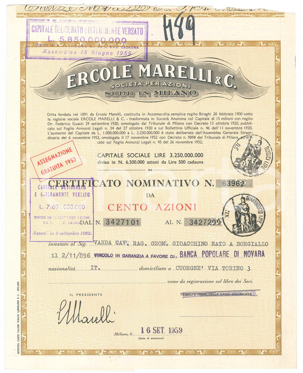 Oggetto da collezione cartaceo 1959 MILANO Ercole MARELLI & C. Certificato azionario da cento azioni 1