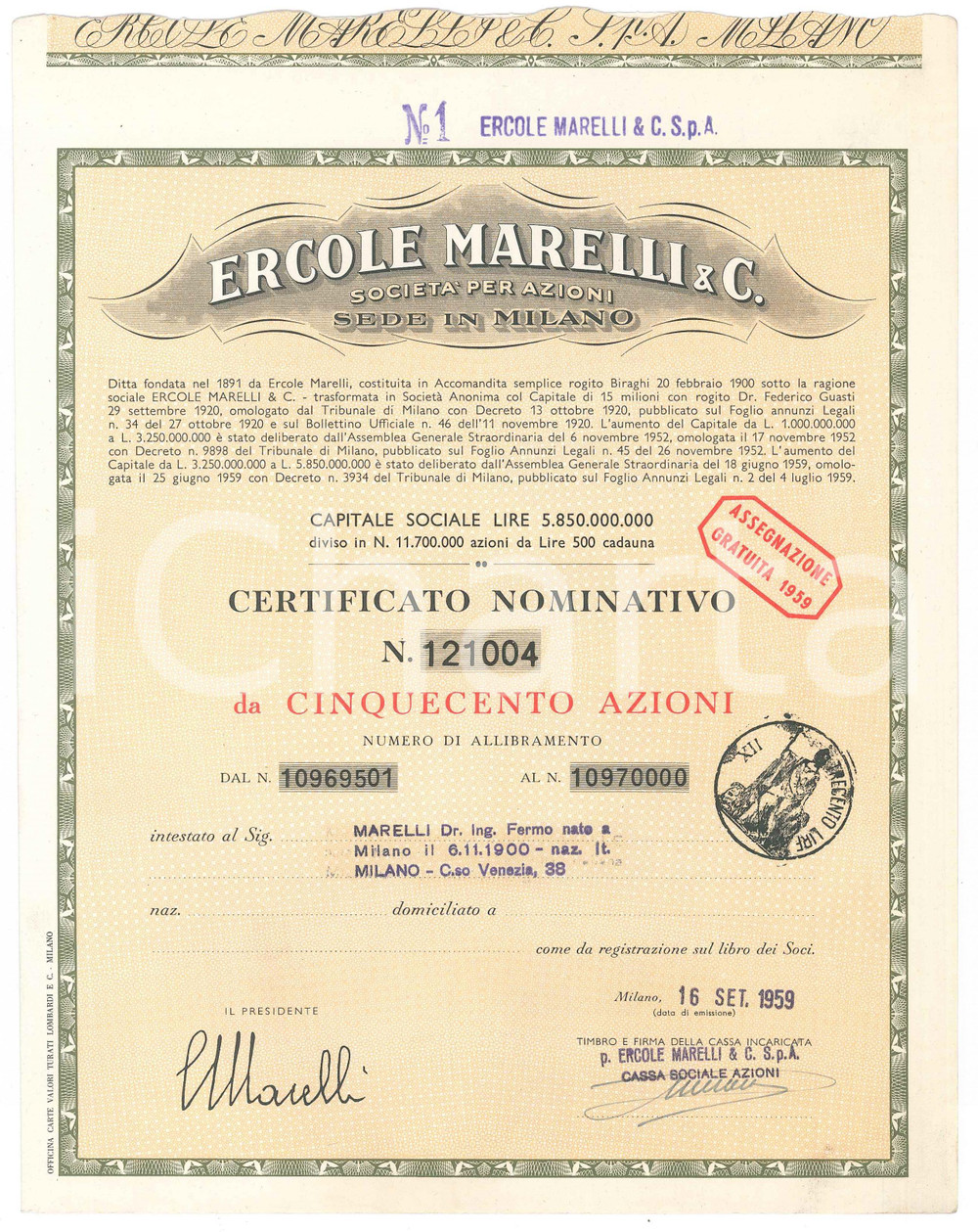 Oggetto da collezione cartaceo 1959 MILANO Ercole MARELLI & C.  Certificato azionario da cinquecento azioni 1