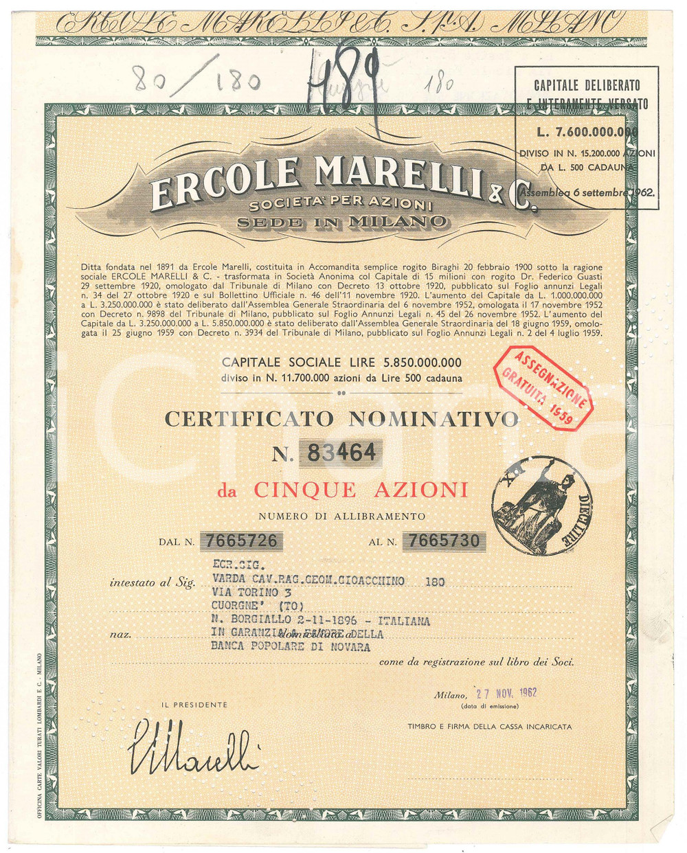 Oggetto da collezione cartaceo 1962 MILANO Ercole MARELLI & C.  Certificato azionario da cinque azioni 1
