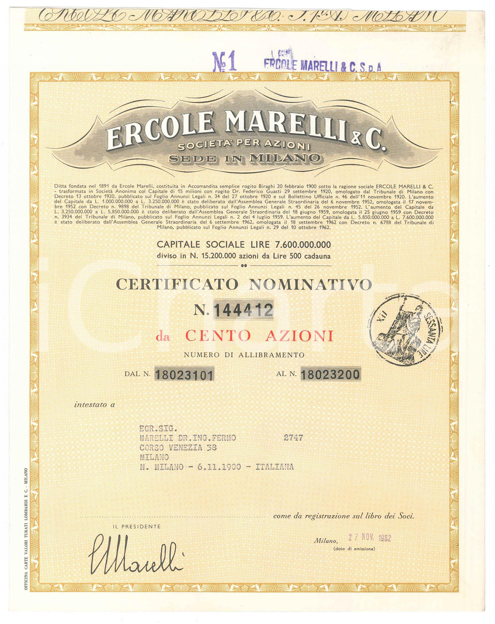 Oggetto da collezione cartaceo 1962 MILANO Ercole MARELLI & C.  Certificato azionario da cento azioni 1