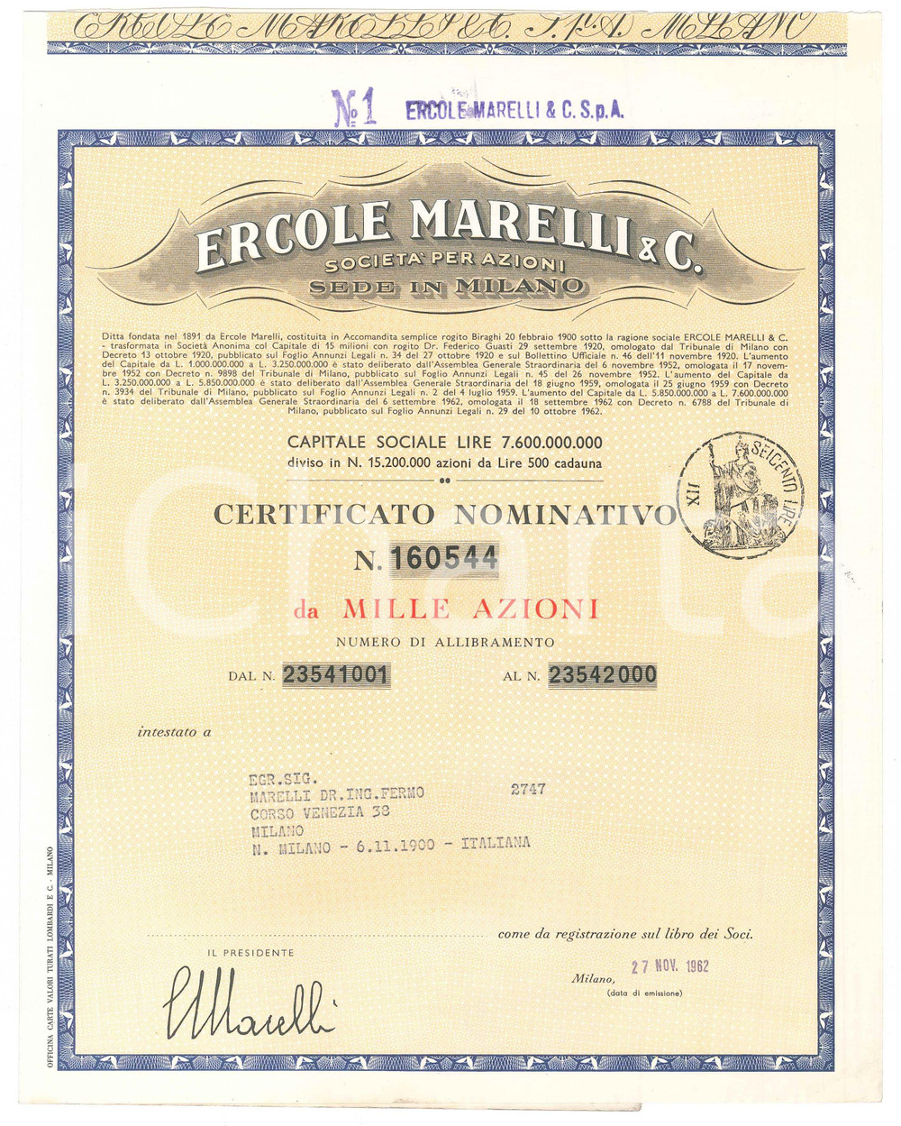 Oggetto da collezione cartaceo 1962 MILANO Ercole MARELLI & C.  Certificato azionario da mille azioni 1
