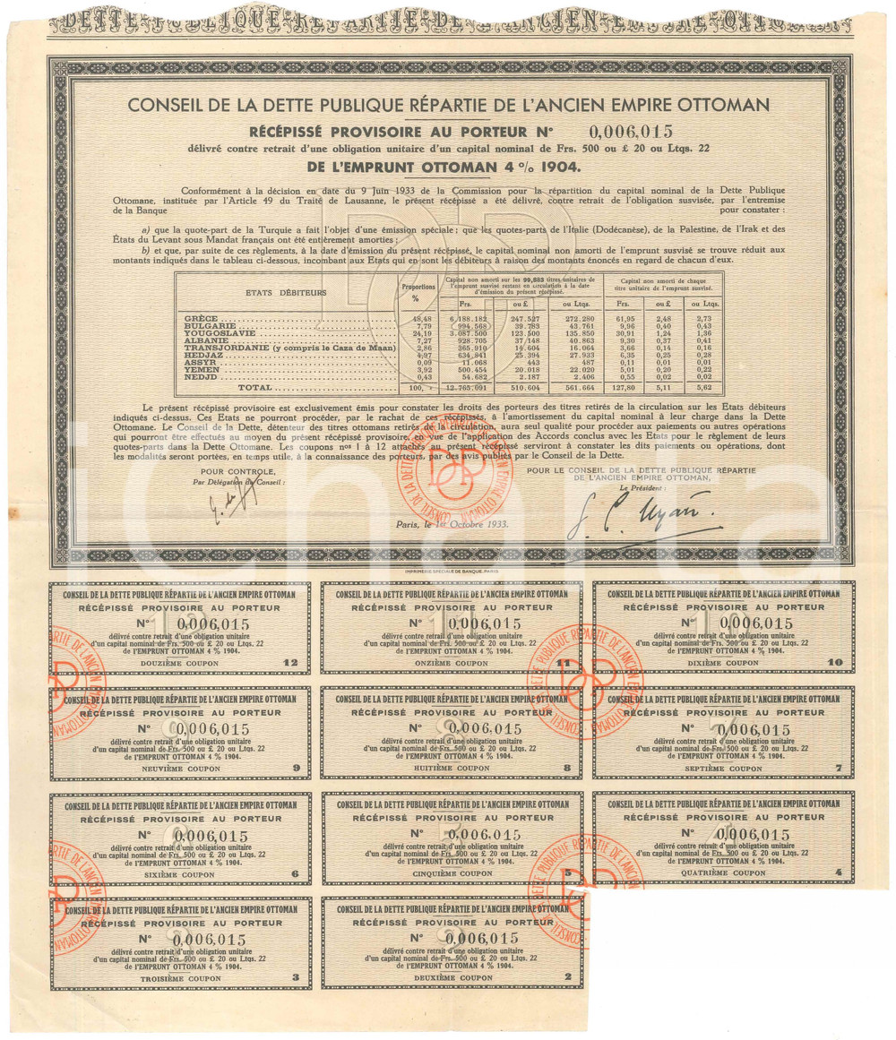 Oggetto da collezione cartaceo 1933 Conseil dette publique ANCIEN EMPIRE OTTOMAN Récépissé provisoire 4 1
