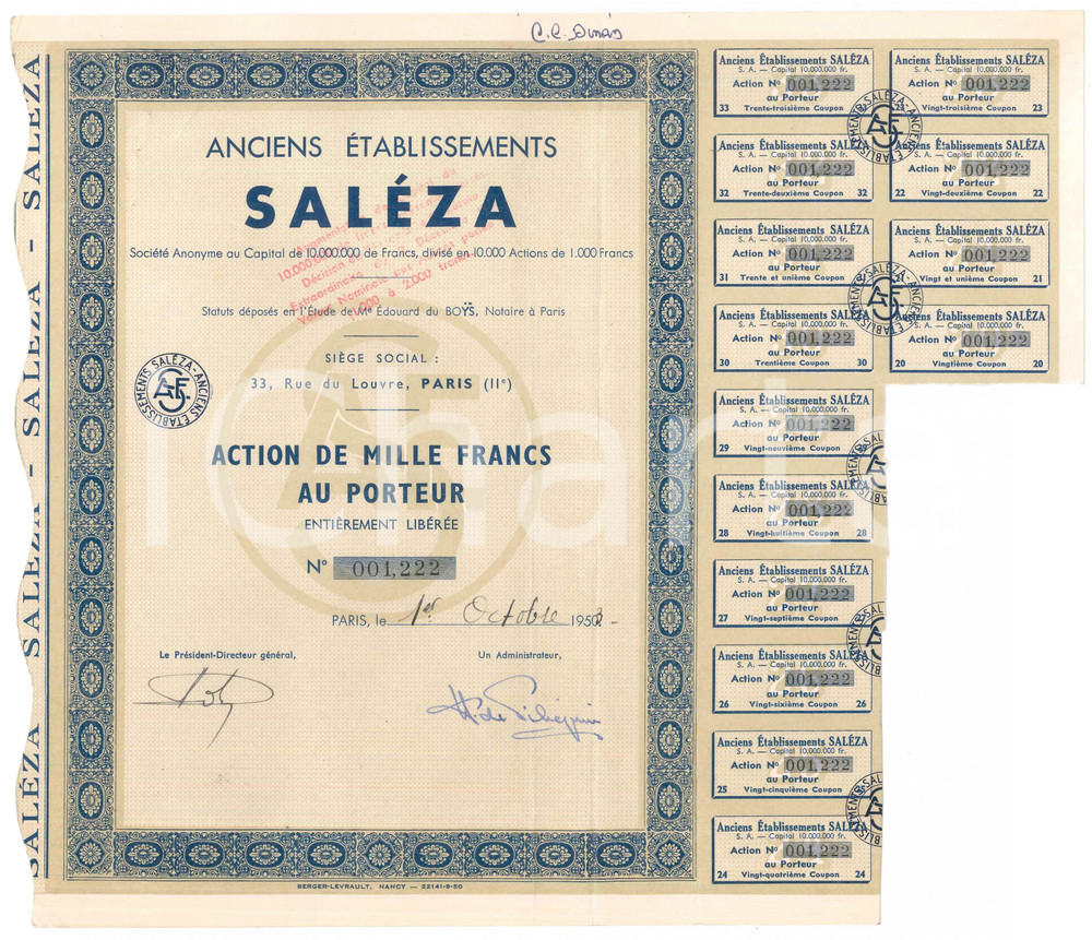 Oggetto da collezione cartaceo 1953 PARIS Anciens Ã¨tablissements SALEZA Action de mille francs au porteur 1