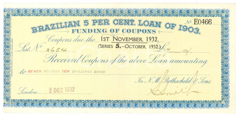 Oggetto da collezione cartaceo 1932 LONDON Brazilian 5 per cent loan of 1903  Coupon 25x12 cm 1