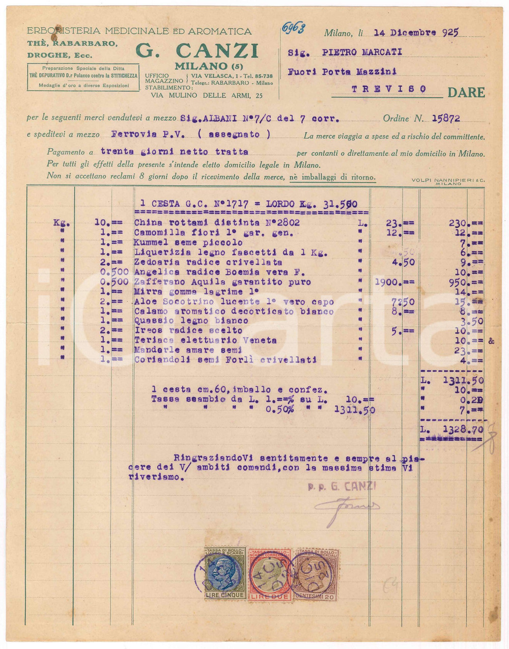 Documento originale, autentico 1925 MILANO Via Velasca 1  Erboristeria G. CANZI Fattura 22x28 cm 1