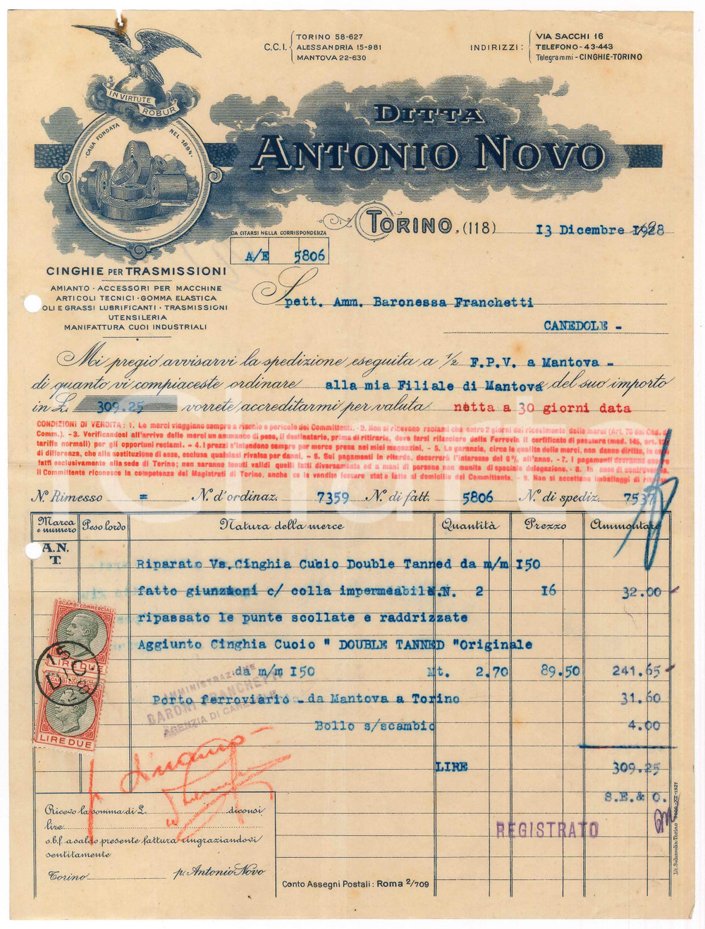 Documento originale, autentico 1928 TORINO Via Sacchi 16  Ditta Antonio NOVO Cinghie di trasmissione  Fattura 1