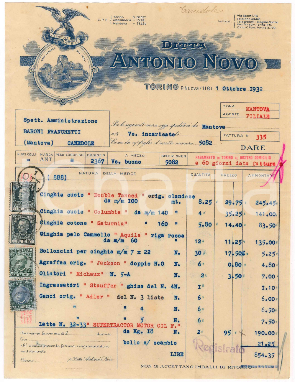 Documento originale, autentico 1939 TORINO Via Sacchi 16  Ditta Antonio NOVO Cinghie di trasmissione  Fattura 1