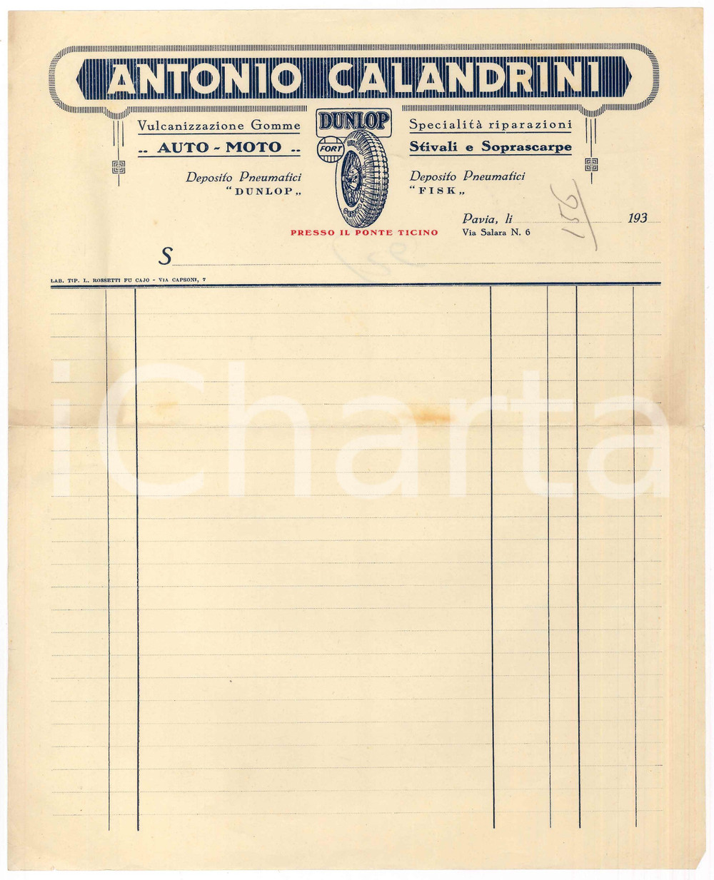 Documento originale, autentico 1930 ca PAVIA Via Salara  Antonio CALANDRINI Deposito pneumatici DUNLOP e FISK 1