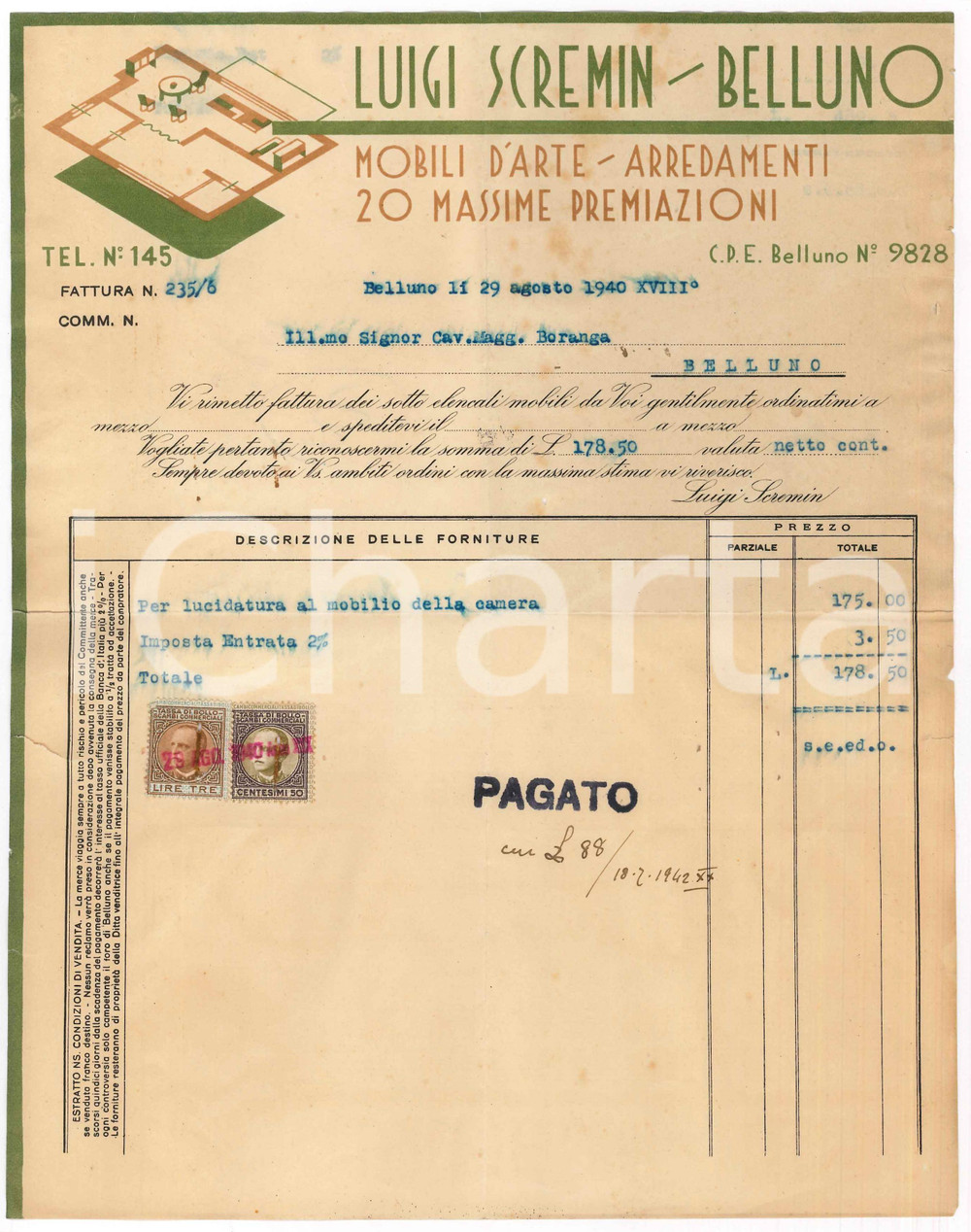 Documento originale, autentico 1940 BELLUNO Ditta Luigi SCREMIN Mobili d arte  Fattura ILLUSTRATA 22x29 cm 1