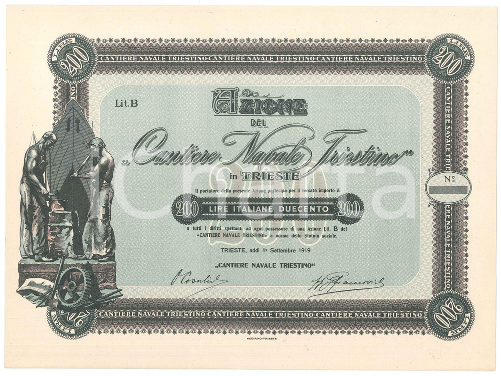 Oggetto da collezione cartaceo 1919 TRIESTE Cantiere Navale Triestino Certificato azionario ILLUSTRATO 7 1