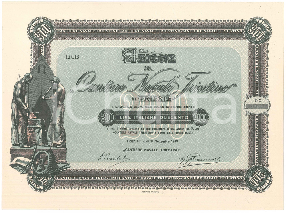 Oggetto da collezione cartaceo 1919 TRIESTE Cantiere Navale Triestino Certificato azionario ILLUSTRATO 6 1