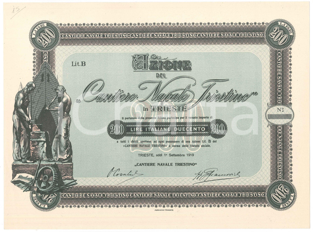 Oggetto da collezione cartaceo 1919 TRIESTE Cantiere Navale Triestino Certificato azionario ILLUSTRATO 5 1