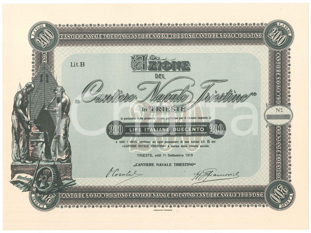 Oggetto da collezione cartaceo 1919 TRIESTE Cantiere Navale Triestino Certificato azionario ILLUSTRATO 4 1