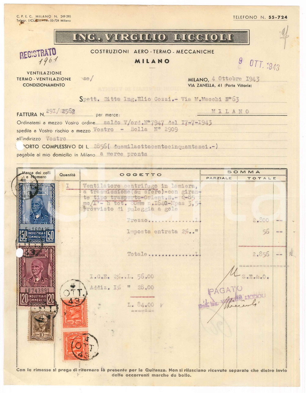 Documento originale, autentico 1943 MILANO Via Zanella 41  Virgilio LICCIOLI Costruzioni meccaniche  Fattura 1