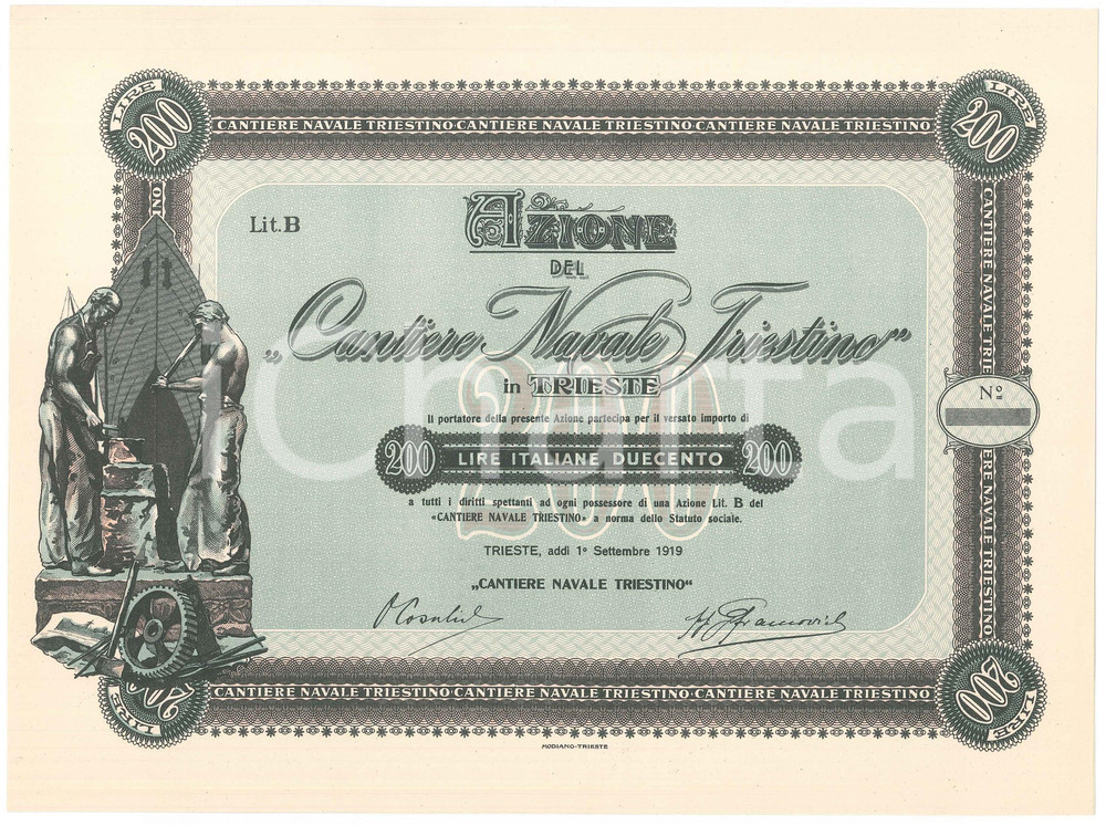 Oggetto da collezione cartaceo 1919 TRIESTE Cantiere Navale Triestino Certificato azionario ILLUSTRATO 3 1