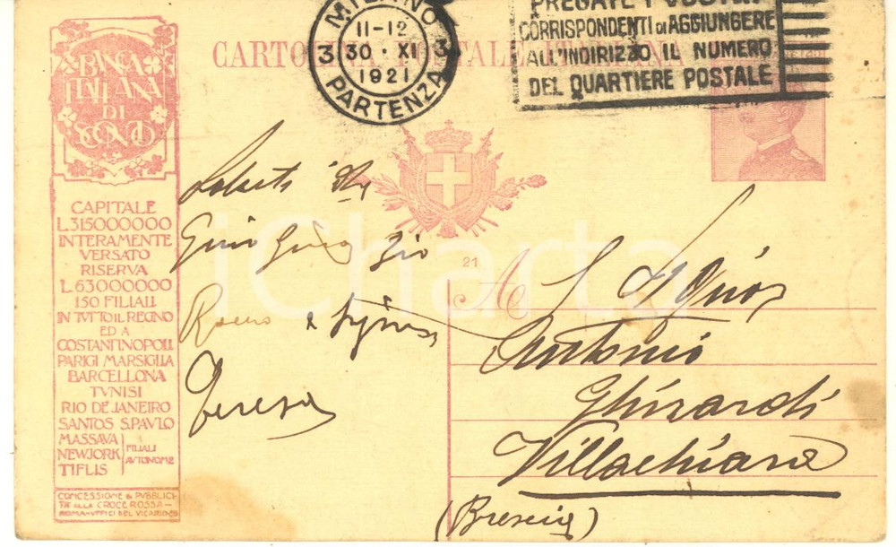 Cartolina originale da collezione 1921 MILANO Cartolina postale pubblicitaria BANCA ITALIANA DI SCONTO 1